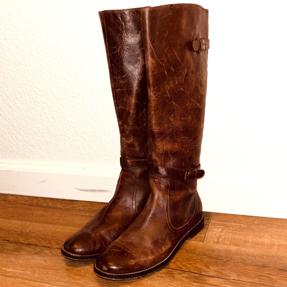 Cole Haan Chocolate Brown Distressed Leather Calf Height  Boots Size 7.5 B